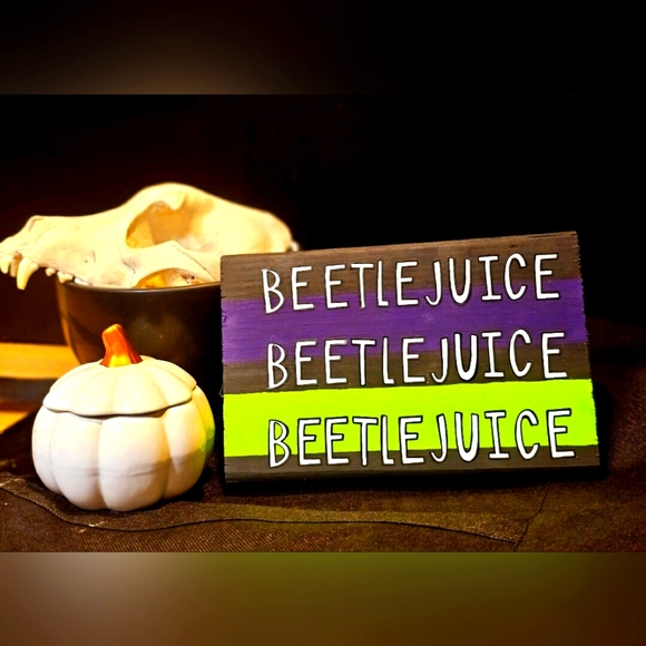 Handmade Other - Handmade Solid 1" Wooden Beetlejuice Hanging Sign Decor Black Green Purple